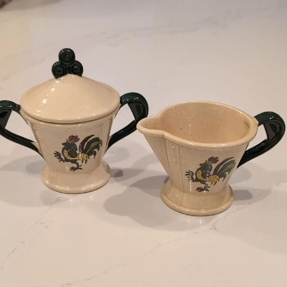 Rooster Sugar & Creamer Set Vintage Poppy Trail by Metlox MCM